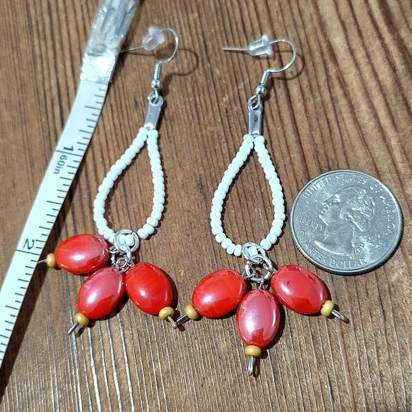 *5 For $20*Red and White Beaded Long Dangle Earrings / Handmade Ladies Earrings - Picture 3 of 5